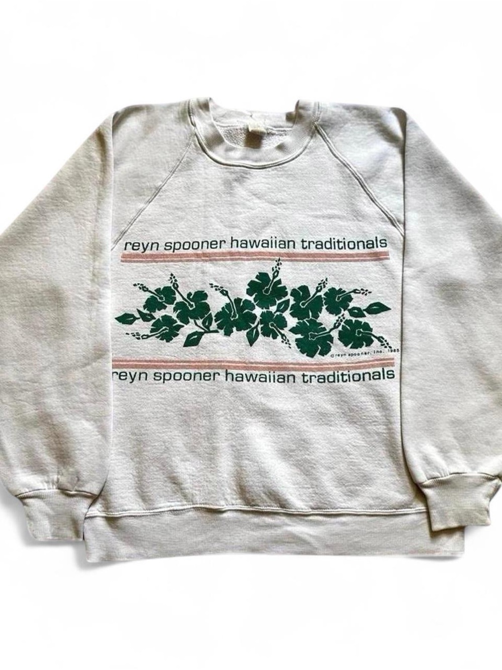 Vintage 1980s reyn spooner Cream Crewneck Sweatshirt with Green Floral Print L
